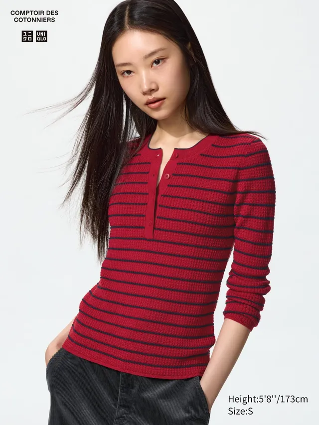 Merino Blend Henley Neck Sweater | Stripe