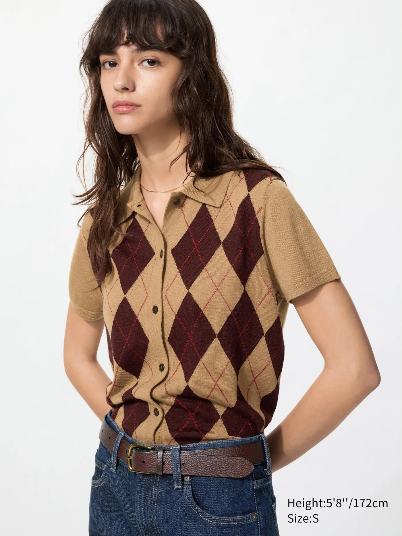 Merino Blend Polo Cardigan | Short Sleeve | Argyle
