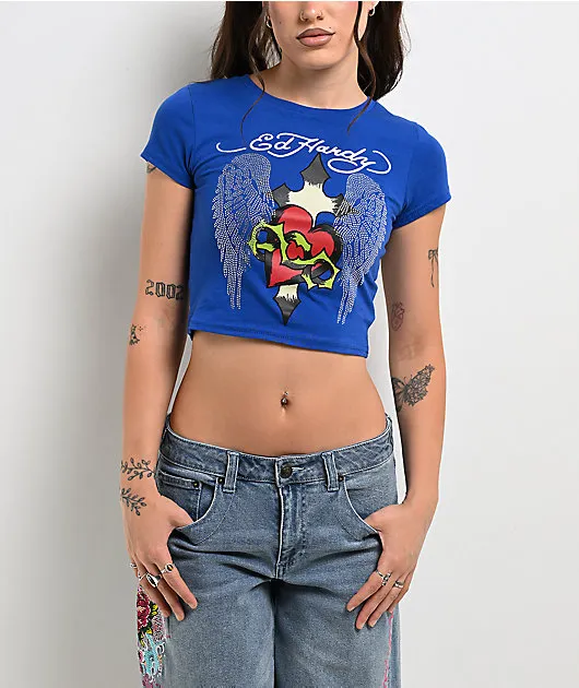 Ed Hardy Sacred Heart Wings Blue Crop T-Shirt