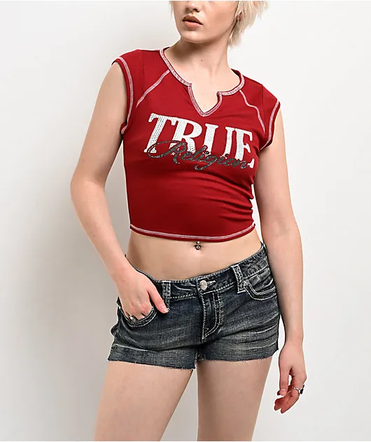 True Religion Crystal Ribbed V Notch Red Crop T-Shirt