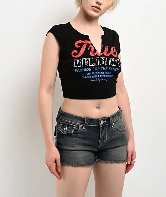 True Religion Vintage Logo V Notch Black Crop T-Shirt